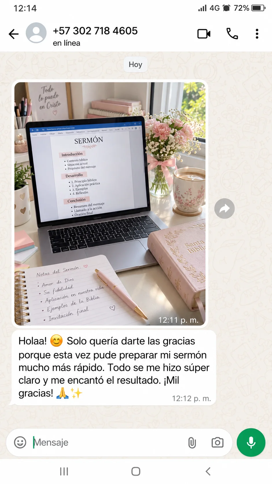 Captura de WhatsApp: bosquejo del sermón en la computadora y mensaje de agradecimiento