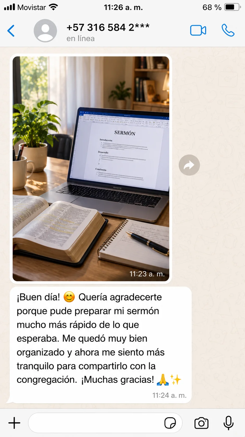 Captura de WhatsApp: sermón organizado en la computadora y mensaje de agradecimiento