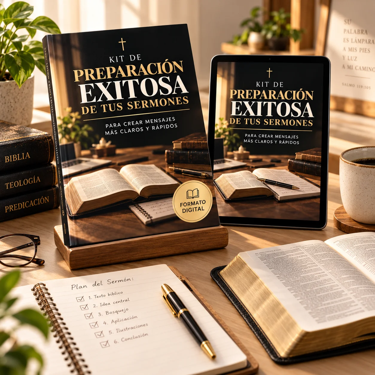 Kit completo: libro y tablet del kit sobre un escritorio con Biblia abierta, cuaderno con el plan del sermón y libros de estudio