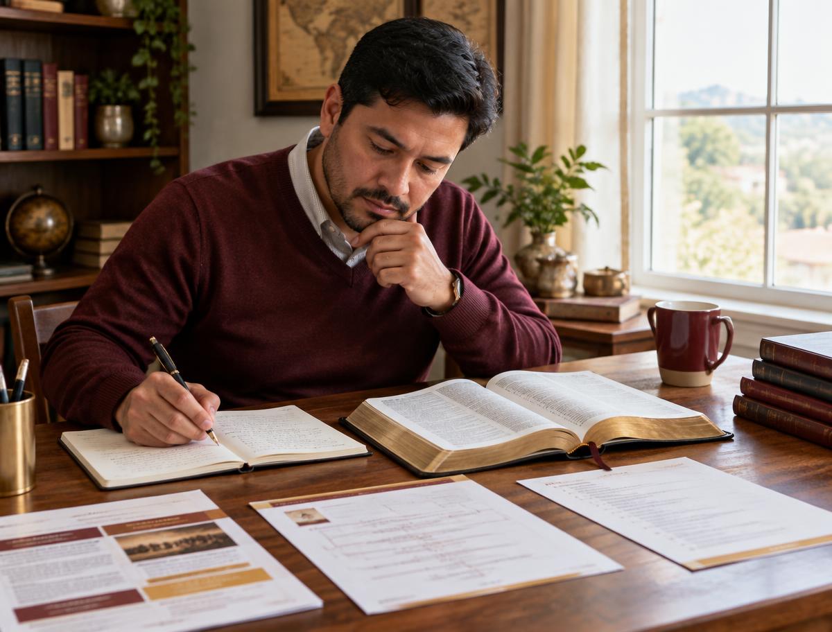 Maestro preparando su enseñanza con la Biblia abierta y notas de estudio